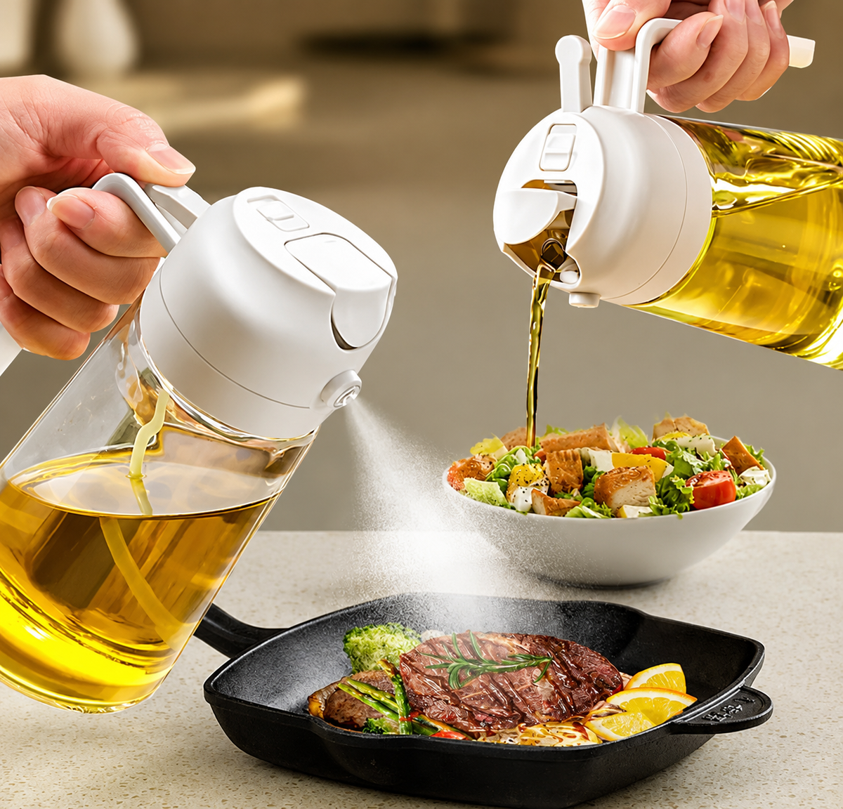 2-In-1 Glass Oil Dispenser And Sprayer With White Ergonomic Handle | Random Color