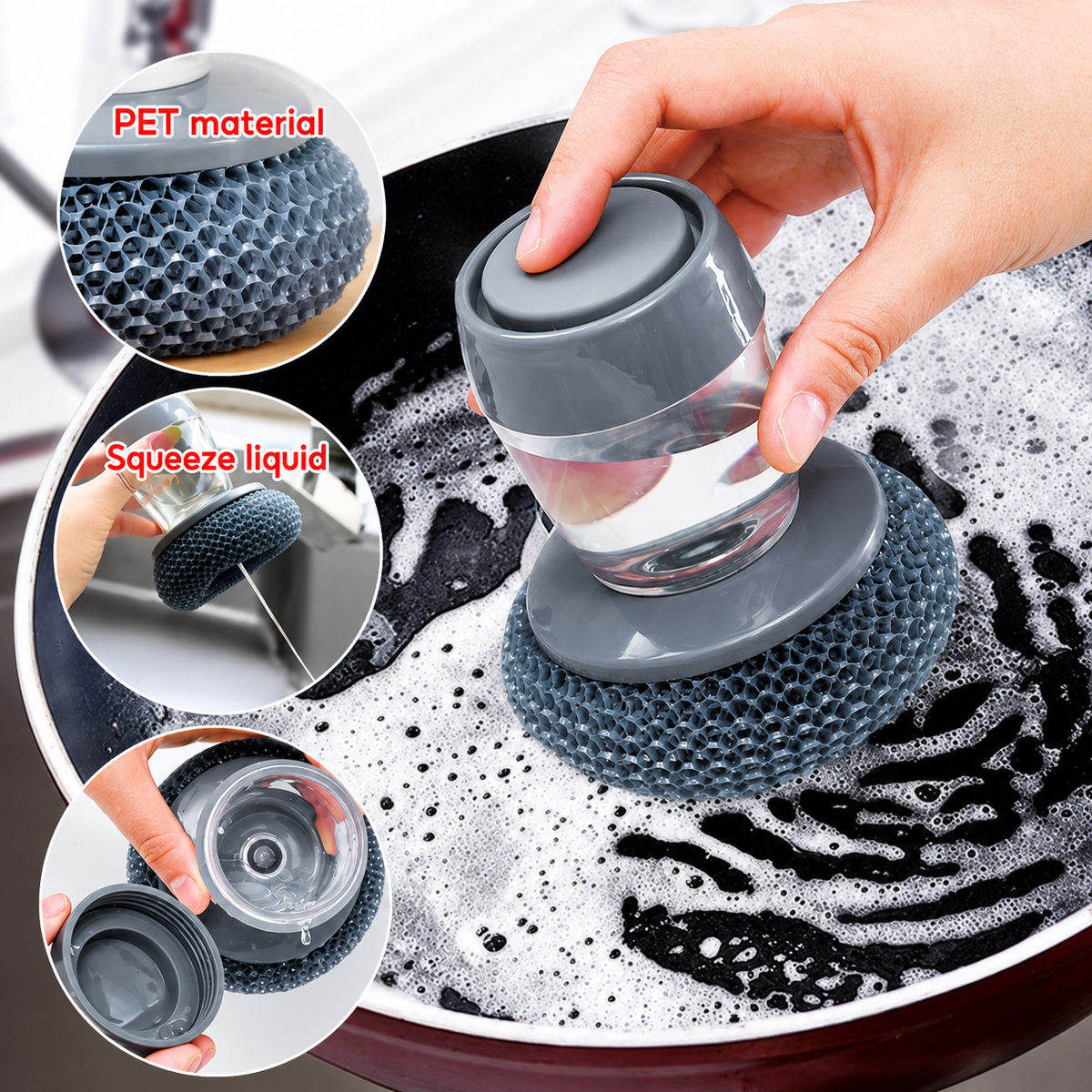 Kitchen Soap Dispensing Palm Brush – Automatic Filling Dish Scrubber with PET Bristles – Non-Scratch Cleaning Brush for Pots, Pans, and Sinks